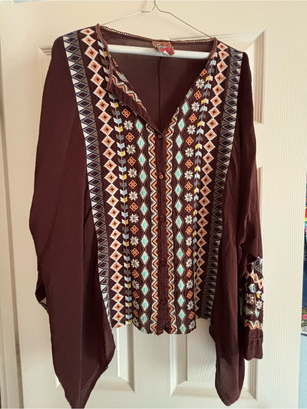 Johnny Was Brown Embroidered V-Neck Tunic with Multicolor Accents